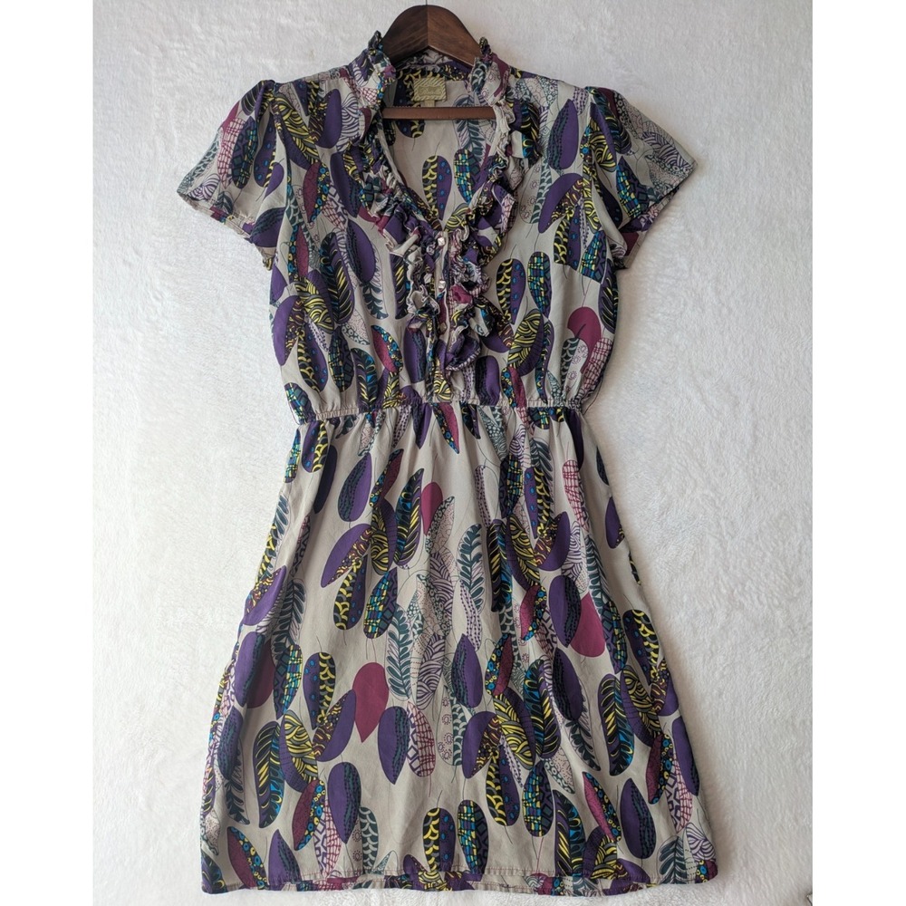 Postella Medium Silk Leaf Print Dress USA Whimsical Artsy Boho Anthropologie